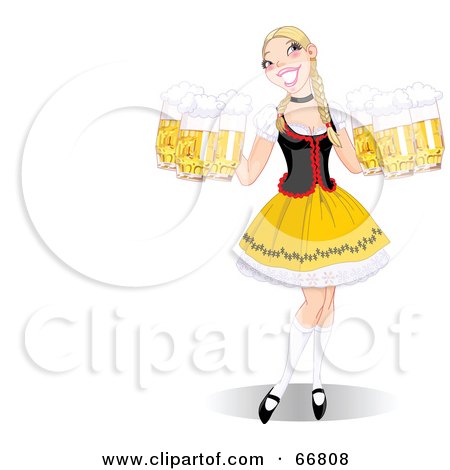 Royalty-Free (RF) Clipart Illustration of a Beautiful Blond Oktoberfest Lady Serving Beers, With Copyspace by Pushkin