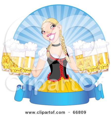 Royalty-Free (RF) Clipart Illustration of a Blond Beer Maiden Serving Frothy Beers At Oktoberfest, Over A Blank Blue Banner by Pushkin