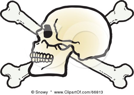 Royalty-Free (RF) Clipart Illustration of a Human Skull On Top Of Crossbones On White by Snowy