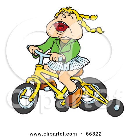 Royalty-Free (RF) Clipart Illustration of a Little Girl Riding A Yellow Bike With Training Wheels by Snowy