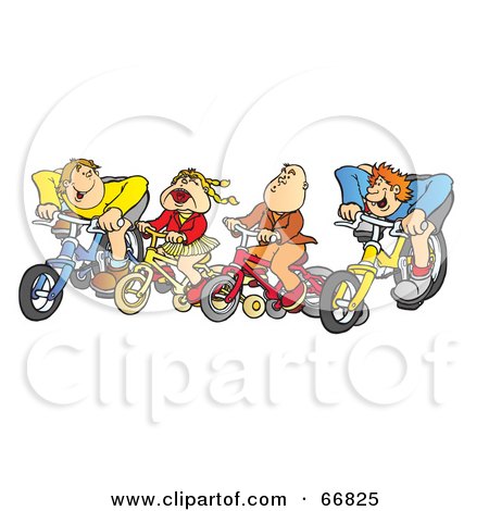 Royalty-Free (RF) Clipart Illustration of a Group Of Four Kids Riding Bikes by Snowy