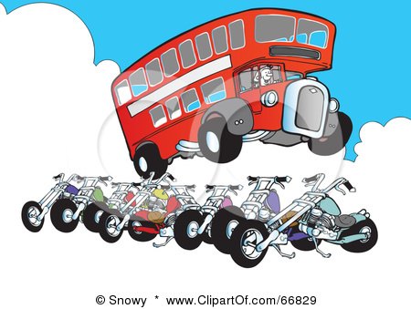 Royalty-Free (RF) Clipart Illustration of a Double Decker Bus Jumping A Row Of Motorcycles by Snowy