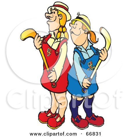 Royalty-Free (RF) Clipart Illustration of Two Hockey Girls In Opposing Uniforms, Holding Hockey Sticks by Snowy