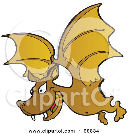 Royalty-Free (RF) Clipart Illustration of a Fanged Brown Vampire Bat Flying by Snowy