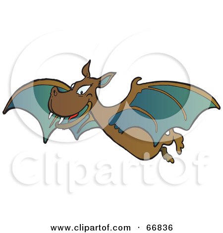 Royalty-Free (RF) Clipart Illustration of a Grinning Brown And Teal Vampire Bat by Snowy