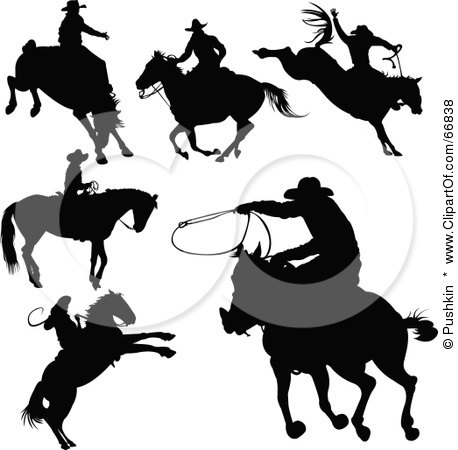 Royalty-Free (RF) Clipart Illustration of a Digital Collage Of Black Cowboy Silhouettes - Version 2 by Pushkin