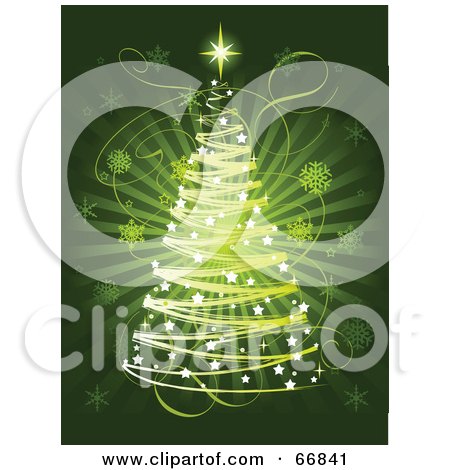 Royalty-Free (RF) Clipart Illustration of a Christmas Tree Made Of Scribbles And White Stars, On A Bursting Green Snowflake Background by Pushkin