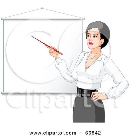Royalty-Free (RF) Clipart Illustration of a Female Teacher Pointing To A Blank Piece Of Paper by Pushkin