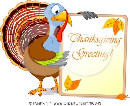 Royalty-Free (RF) Clipart Illustration of a Turkey Bird Holding A Thanksgiving Greeting Sign by Pushkin