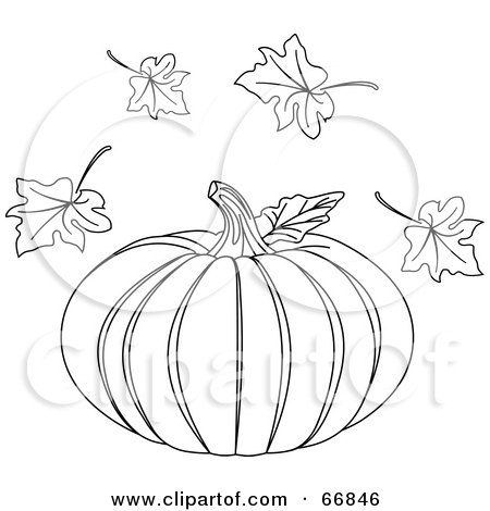 Royalty-Free (RF) Clipart Illustration of a Black And White Halloween Pumpkin With Autumn Leaves by Pushkin