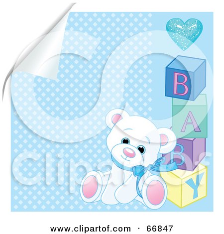 Royalty-Free (RF) Clipart Illustration of a White Teddy Bear Leaning Against Baby Blocks On A Peeling Blue Background by Pushkin