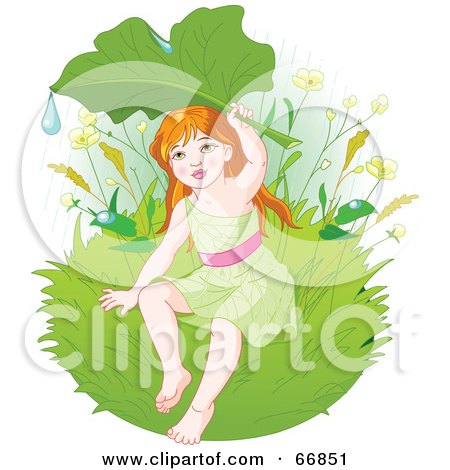 Royalty-Free (RF) Clipart Illustration of a Green Fairy Holding Up A Leaf To Shield Herself From Rain by Pushkin