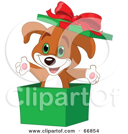 Royalty-Free (RF) Clipart Illustration of a Cute Puppy Popping Out Of A Green Christmas Box by Pushkin