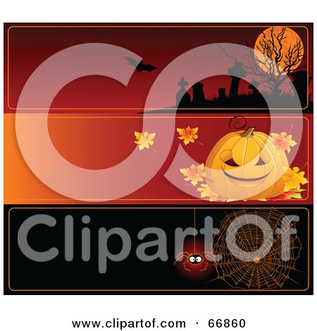 Royalty-Free (RF) Clipart Illustration of a Digital Collage Of Three Blank Halloween Website Headers; Cemetery, Pumpkin And Spider Web by Pushkin