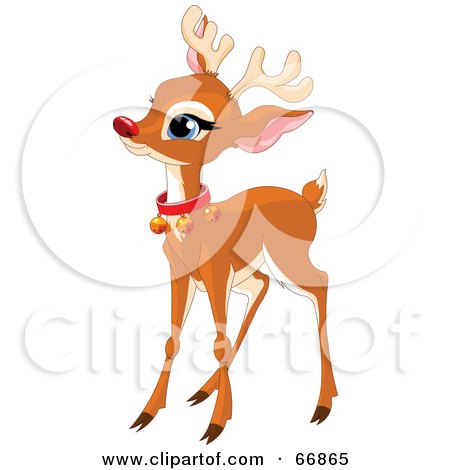 Royalty-Free (RF) Clipart Illustration of a Baby Reindeer With A Red Nose And Bell Collar by Pushkin
