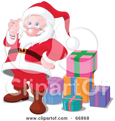 Royalty-Free (RF) Clipart Illustration of a Thoughtful Santa Playing With His Beard And Standing By Gifts by Pushkin