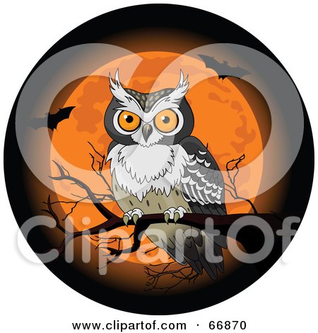 Royalty-Free (RF) Clipart Illustration of a Halloween Owl Perched On A Bare Branch In Front Of An Orange Full Moon With Bats by Pushkin