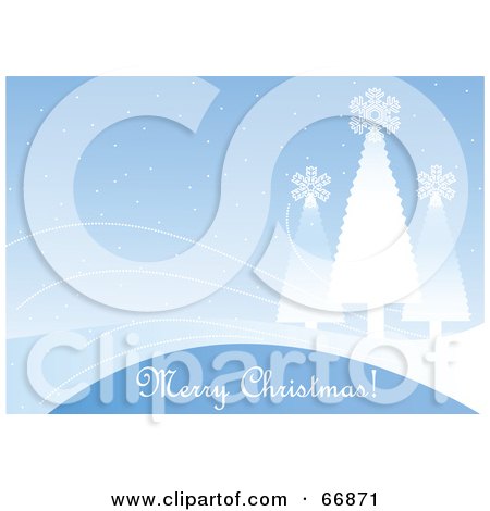 Royalty-Free (RF) Clipart Illustration of a Light Blue Merry Christmas Greeting Background With Snowflake Trees by Pushkin