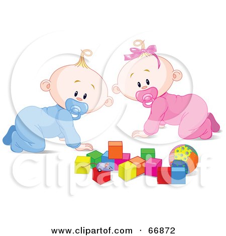 Royalty-Free (RF) Clipart Illustration of a Baby Boy And Girl Crawing By Toys by Pushkin