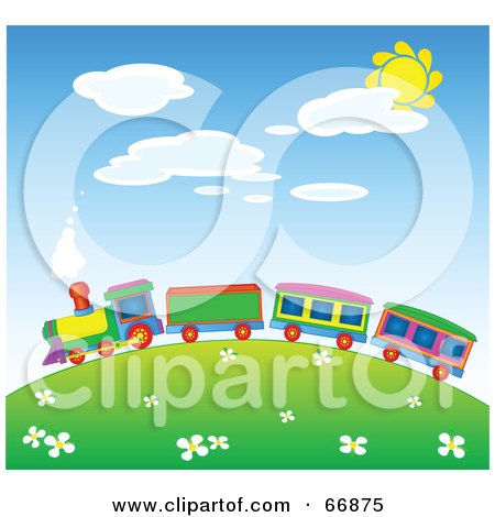 Royalty-Free (RF) Clipart Illustration of a Colorful Train Going Over A Spring Hill by Pushkin