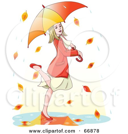 Royalty-Free (RF) Clipart Illustration of a Blond Woman Dancing In Autumn Rain Under An Umbrella by Pushkin