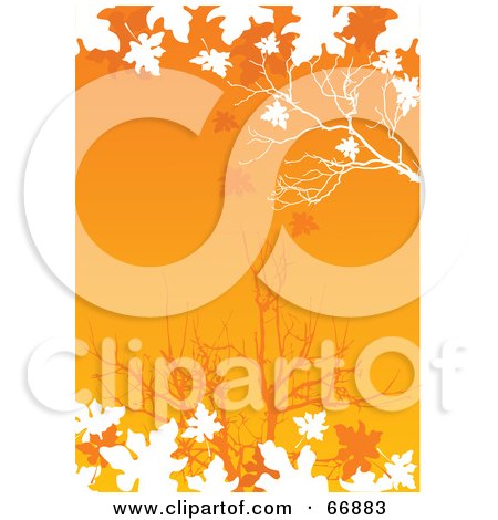 Royalty-Free (RF) Clipart Illustration of White Silhouetted Autumn Leaves And Branches Over An Orange Background by Pushkin