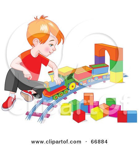 Royalty-Free (RF) Clipart Illustration of a Red Haired Boy Playing With A Toy Train by Pushkin