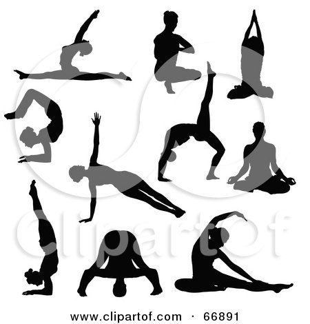 Royalty-Free (RF) Clipart Illustration of a Digital Collage Of Black Yoga People Silhouettes by Pushkin