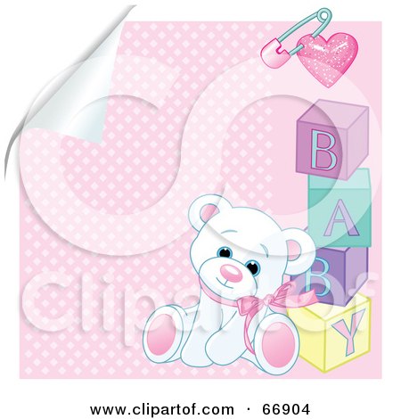 Royalty-Free (RF) Clipart Illustration of a White Teddy Bear Leaning Against Baby Blocks On A Peeling Pink Background by Pushkin