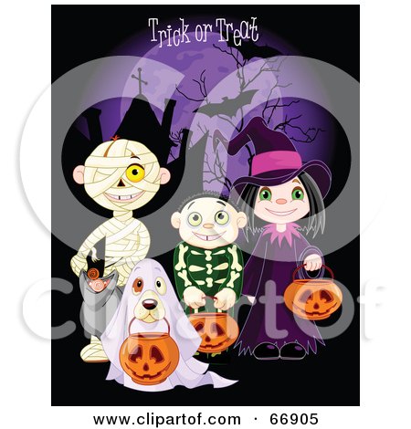 Children And A Dog Trick Or Treating In Mummy, Skeleton, Ghost And Witch Costumes  Posters, Art Prints