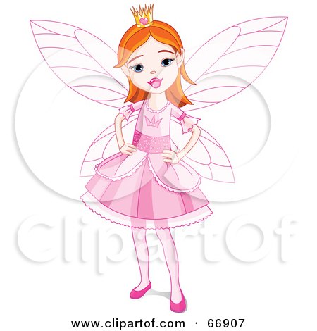 Royalty-Free (RF) Clipart Illustration of a Pretty Red Haired Fairy Princess Girl In A Pink Dress by Pushkin