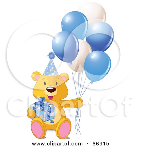 Royalty-Free (RF) Clipart Illustration of a Teddy Bear With A Gift, Party Hat And Blue Balloons by Pushkin