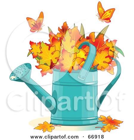 Royalty-Free (RF) Clipart Illustration of Two Butterflies Over Autumn Leaves In A Watering Can by Pushkin