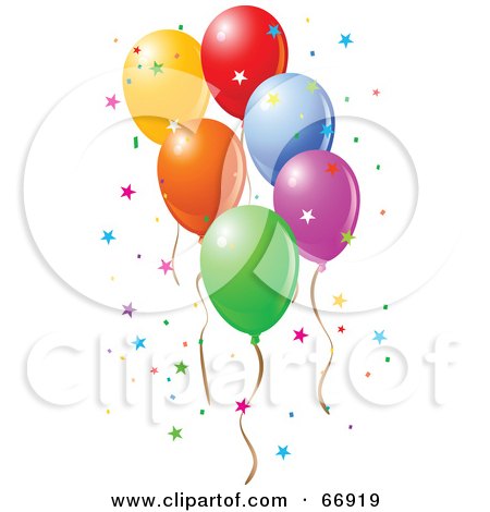 Royalty-Free (RF) Clipart Illustration of Colorful Party Balloons Floating With Star Confetti by Pushkin