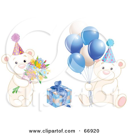 Royalty-Free (RF) Clipart Illustration of a Digitial Collage Of Birthday Teddy Bears With Blue Balloons, Flowers And A Present by Pushkin
