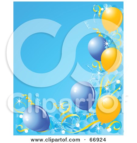 Royalty-Free (RF) Clipart Illustration of a Blue Vertical Background Bordered With Blue And Yellow Balloons And Confetti by Pushkin