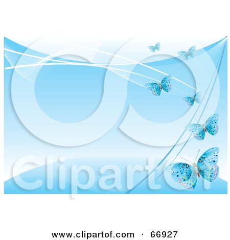 Royalty-Free (RF) Clipart Illustration of a Blue Background With Blue Flying Butterflies by Pushkin