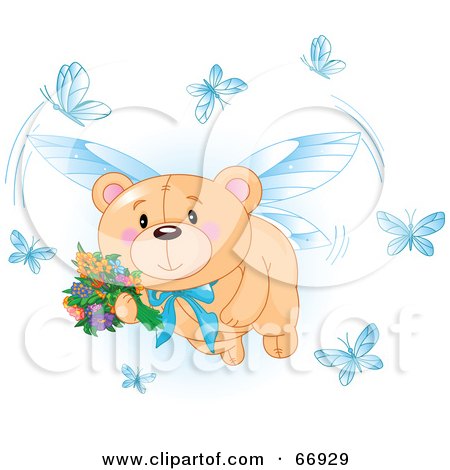 Royalty-Free (RF) Clipart Illustration of a Teddy Bear Fairy Flying With Flowers And Blue Butterflies by Pushkin
