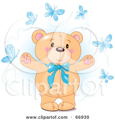 Royalty-Free (RF) Clipart Illustration of a Sweet Teddy Bear With A Blue Bow And Blue Butterflies by Pushkin