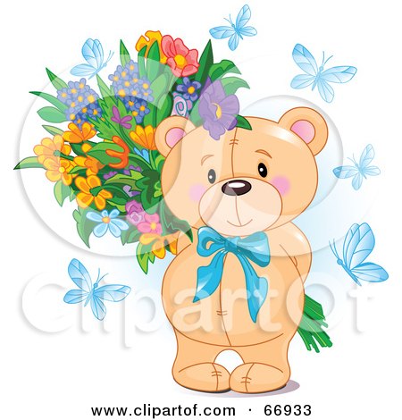 Royalty-Free (RF) Clipart Illustration of a Teddy Bear With Blue Butterflies And A Flower Bouquet by Pushkin