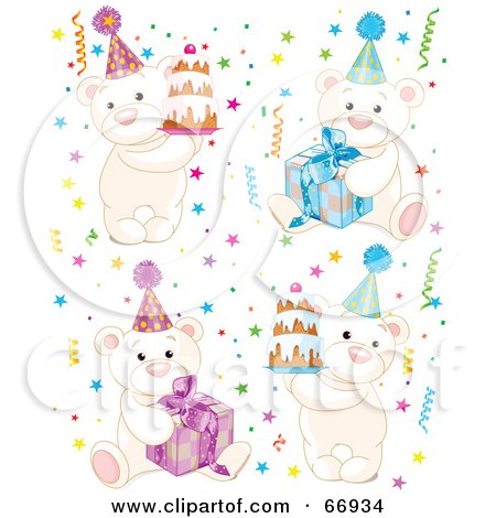 Royalty-Free (RF) Clipart Illustration of a Digital Collage Of Birthday Polar Bears With Cakes, Presents And Confetti by Pushkin