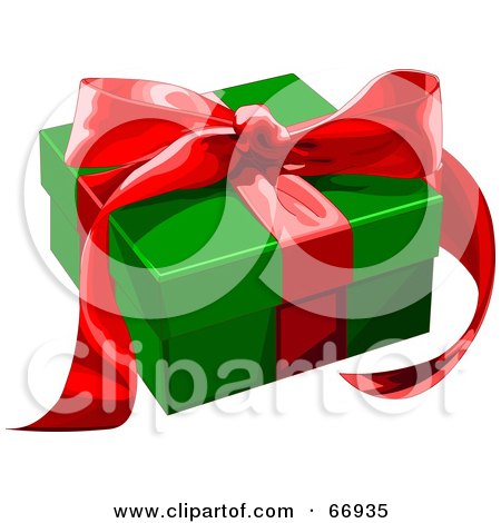 Royalty-Free (RF) Clipart Illustration of a Green Gift Box Adorned With Red Ribbons And A Bow by Pushkin