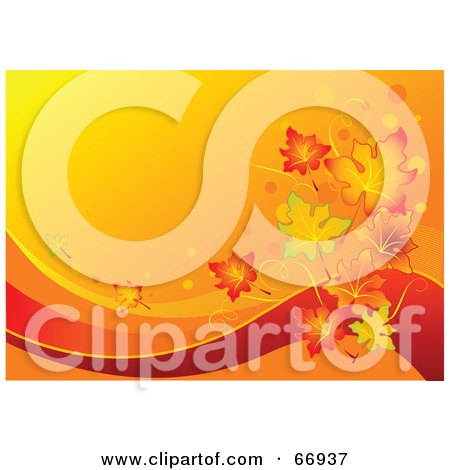 Royalty-Free (RF) Clipart Illustration of a Gradient Orange Autumn Leaf Background With Red Swooshes by Pushkin