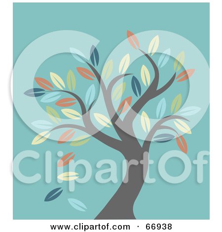 Royalty-Free (RF) Clipart Illustration of a Leafy Autumn Tree Over Turquoise by Pushkin