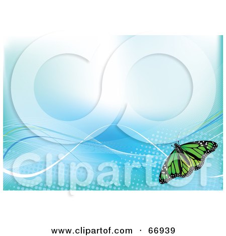 Royalty-Free (RF) Clipart Illustration of a Blue Background With Waves And A Green Butterfly by Pushkin