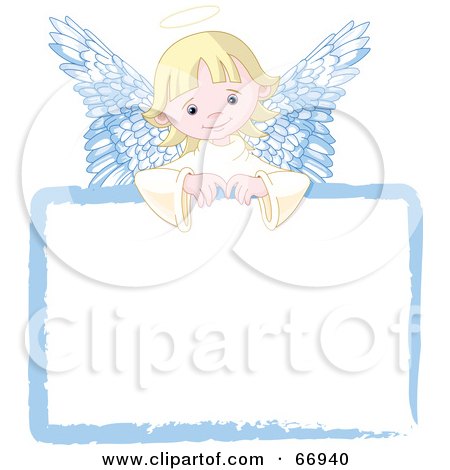 Royalty-Free (RF) Clipart Illustration of a Sweet Blond Angel Girl Looking Over A Blank Sign by Pushkin