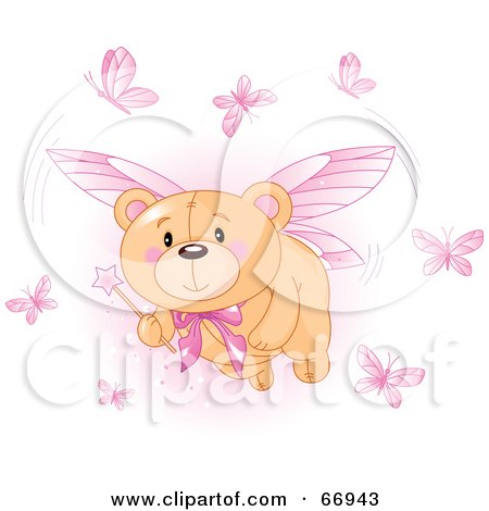 Royalty-Free (RF) Clipart Illustration of a Teddy Bear Fairy With Pink Butterflies And A Wand by Pushkin