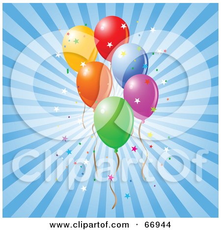 Royalty-Free (RF) Clipart Illustration of Party Balloons With Confetti On A Blue Bursting Background by Pushkin
