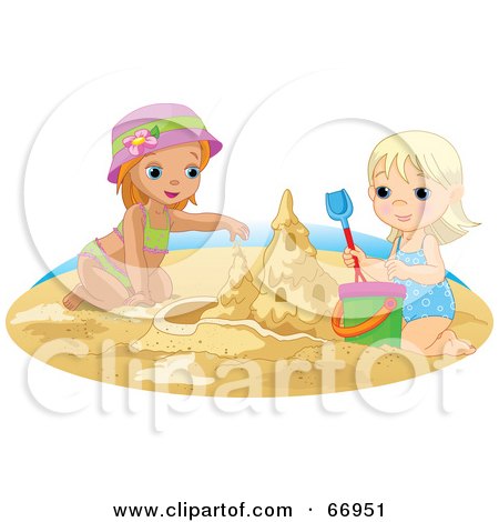 Royalty-Free (RF) Clipart Illustration of Two Sisters Building A Sand Castle On A Beach by Pushkin