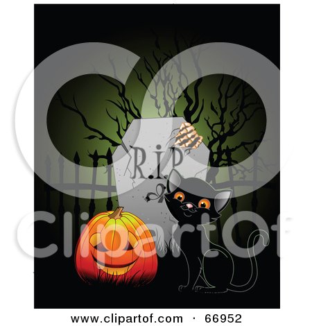 Royalty-Free (RF) Clipart Illustration of a Black Kitten And A Pumpkin By A Tombstone by Pushkin